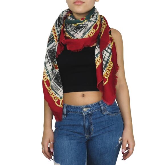 Stunning Vintage Red Green Gold Pattern Chain Retro Neck Scarf - Picture 3 of 6